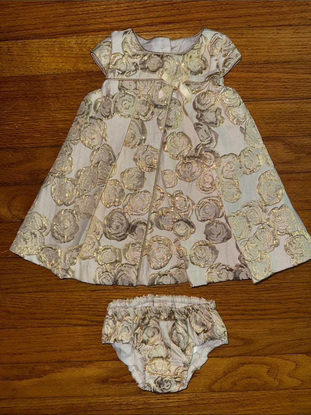 Baby Girls Metallic Rose Print Dress with Bloomer - Gold and Cream